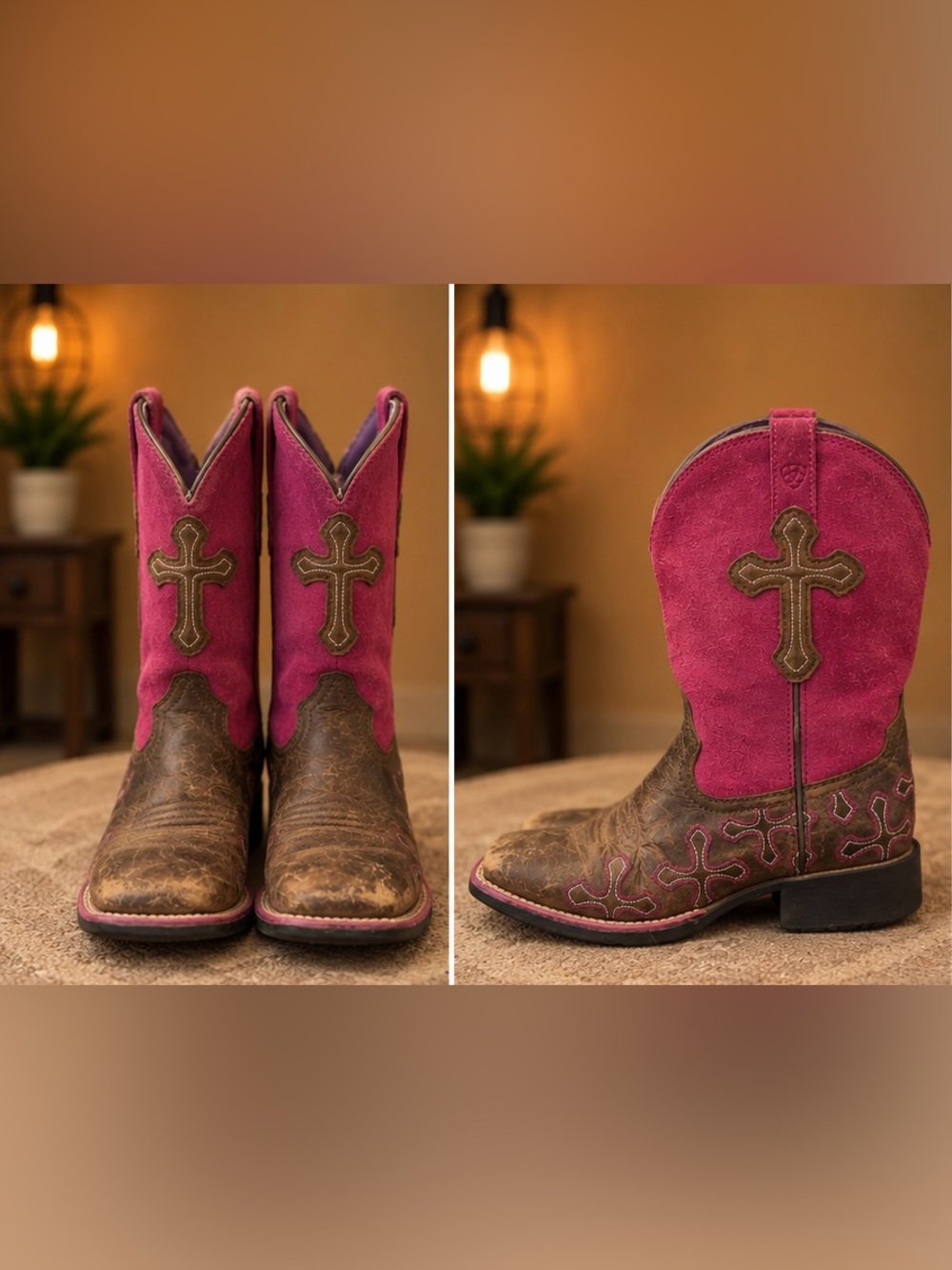 Ariat Girls Fuchsia Pink Brown Cross Western Cowboy Boots Youth Size 4